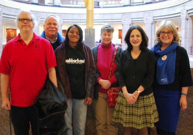 Rep. Gail Lavielle, second from right,  and  Katie Banzhaf (far right), Executive Director of STAR, Inc., with families and advocates for people with intellectual and developmental disabilities.