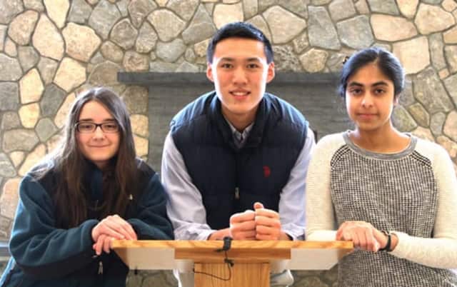 From left are St. Luke's National Merit Finalists Maria Juran, Casey Zhu and Khush Dhaliwal.