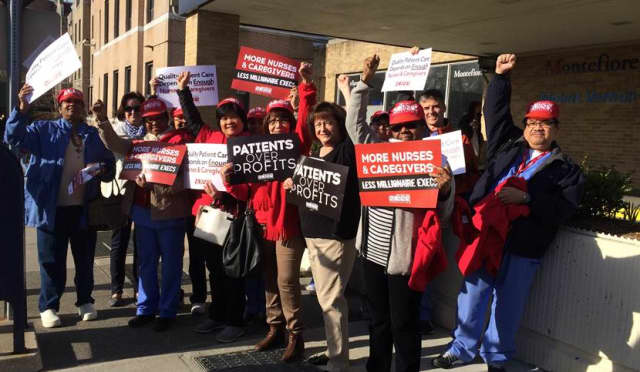 Westchester registered nurses and caregivers picket with thousands of NYCs registered nurses April 16. 
