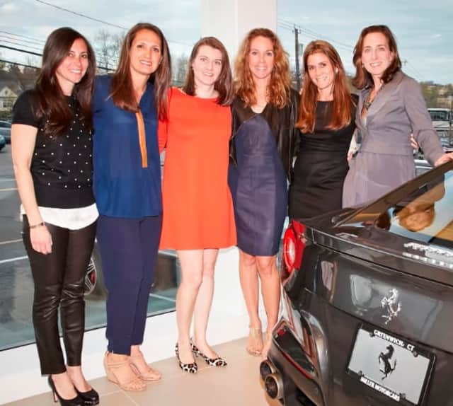 Members of the ONSF auction committee attended the tee-off cocktail party at Miller Motorcars Ferrari/Maserati.  Pictured, from left, are Lauren Mazzullo, Lora Greene, Katie Peden, Rebecca Karson, Amy Sethi (auction chair) and Amanda Miller.