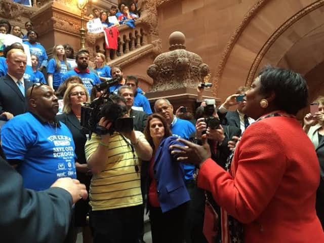 State Sen. Andrea Stewart-Cousins addressed the crowd at Tuesday's rally in support for additional funding for Yonkers schools.