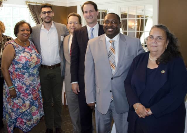 From left, Juanita James, president and CEO of Fairfield Countys Community Foundation; Leonhardt Scholar Steve Ferreria; David Levinson; U.S Rep. Jim Himes; Paul Broadie; and Cocco De Filippis.