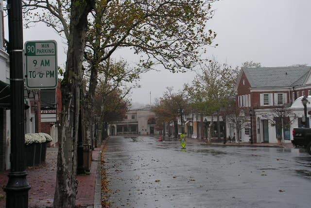 Elm Street in New Canaan earlier today. Most stores downtown have closed for the day because of the storm. 