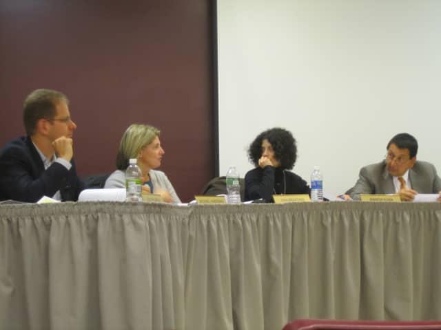 Members of the Briarcliff Board of Education talk about revising the district's head lice policy Tuesday evening. 