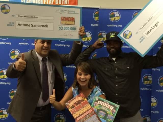 Westchester County residents Antoine Samarneh and John Leger celebrate winning jackpots from the New York Lottery.