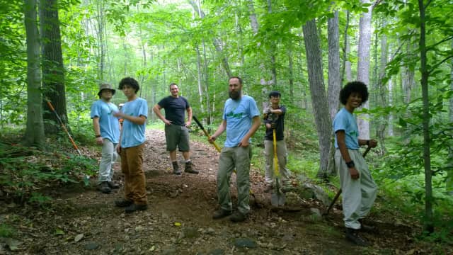 The LEAF crew at The Nature Conservancys Devils Den in Weston. From left: LEAF intern Elmer Galvez, LEAF intern Enoc Escobar, the Conservancys Mark Mainieri, LEAF mentor Stephen McClellan, LEAF intern Loc Nguyen, and LEAF intern Ted Brooks.