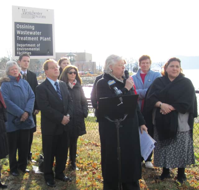 Assembly member Sandy Galef (D-Ossining) announces legislation Wednesday in front of the Ossining wastewater treatment plant that would ban hydraulic fracturing byproducts from being used in New York.