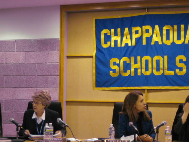 Chappaqua Schools Superintendent Lyn McKay, left, and board member Victoria Tipp previewed the 2013-14 budget Thursday night, along with the rest of the Chappaqua school board.