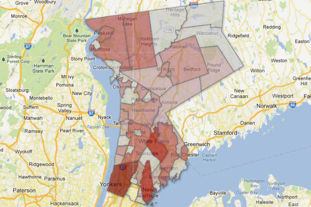 This heat map of Westchester County highlights the areas where domestic violence is most prominent, shown by the darker shades of red.