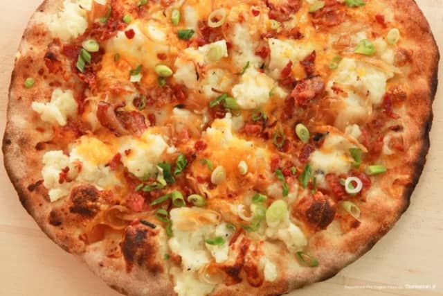 Loaded Mashed Potato Pizza with garlic mashed potato, scallion, bacon, caramelized onion and cheddar cheese from Fire Engine Pizza Co. in Bridgeport (2914 Fairfield Avenue)