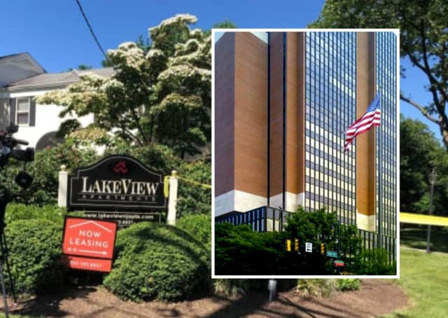Lakeview Apartments in Leonia / INSET: U.S. District Court complex in Philadelphia